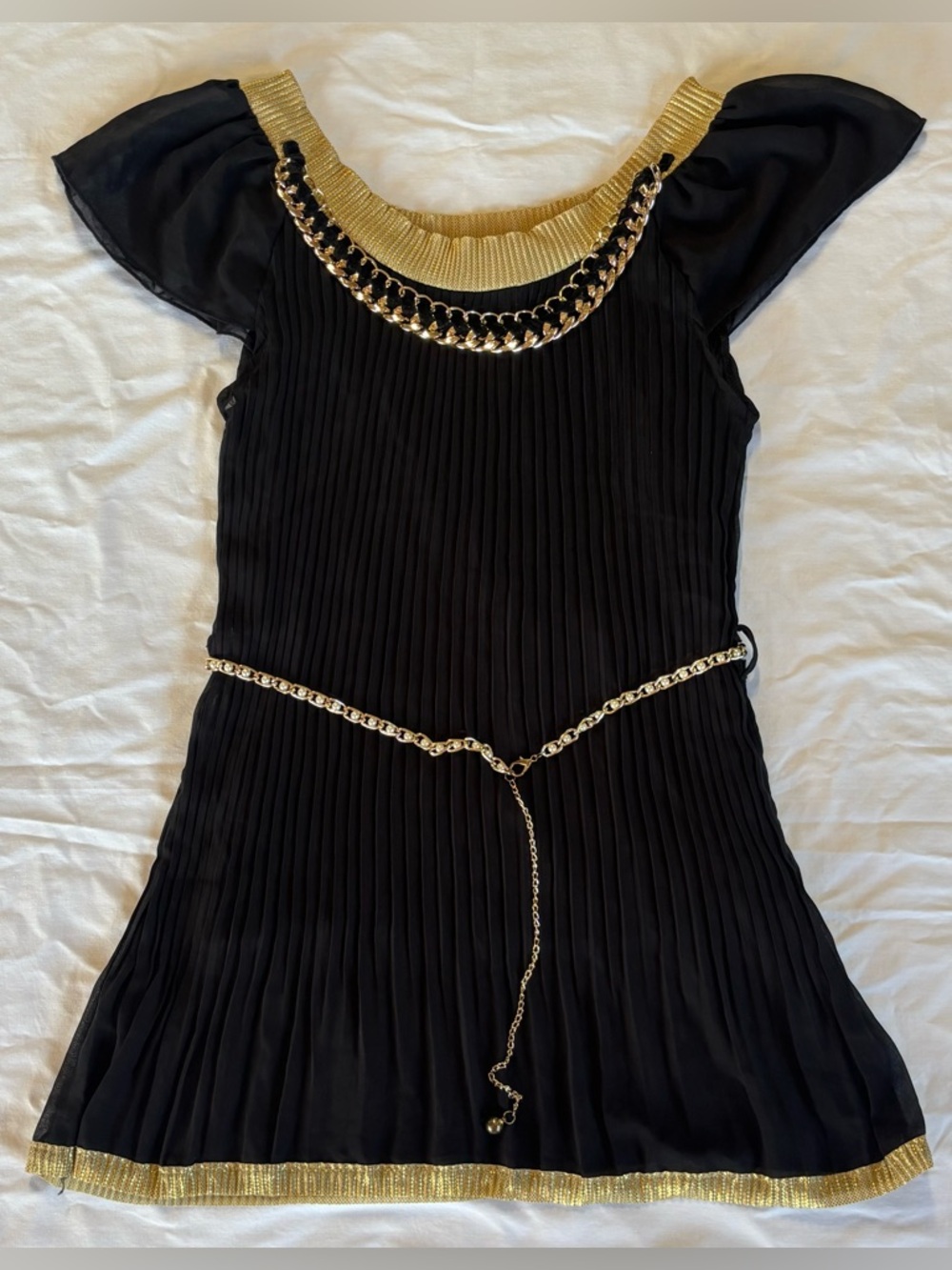 Black & Gold Pleated Dress with Chain Detail